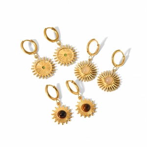 Retro 18k gold plated titanium sunburst earrings with natural stone inlays