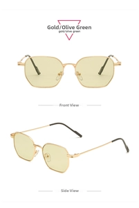 Detail of vintage polygonal gold metal sunglasses with olive green lenses from two angles