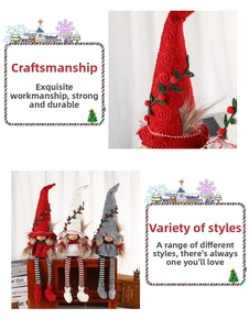 Detail von Weihnachtsgnomen mit langen Beinen und bestickten Hüten in Rot, Weiß und Grau