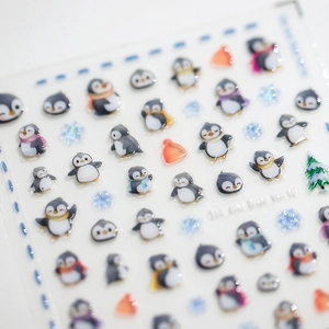 Autocollants ongles 3D thème hiver avec manchots cartoon et flocons de neige