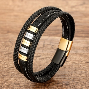 Multilayer braided leather bracelet for men with gold accents and magnetic metal clasp