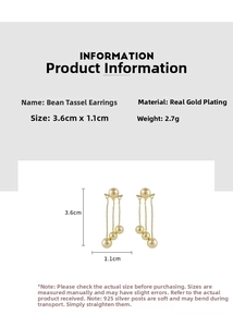 Detail of gold bean tassel earrings showing 3.6cm size and 925 silver needle specs