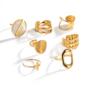 French vintage gold irregular open ring set with cross and mother of pearl details