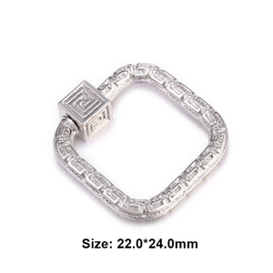 Silver square metal charm with Greek key pattern engraving and size 22x24mm specs