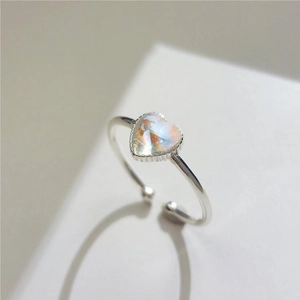Heart Ring 925 Sterling Silver Iridescent Opal Synthetic Stone Adjustable Open Finger Jewelry French Romantic Women Gift