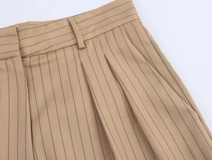 Close-up of khaki striped linen trousers showing waist pleats and belt loops
