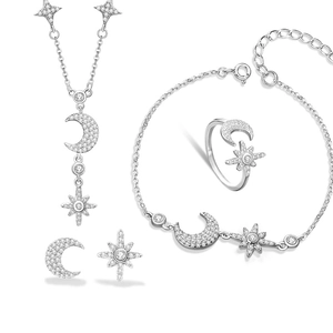 Elegant 925 sterling silver moon and star jewelry set with sparkling zircon stones