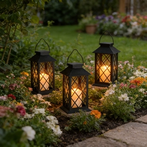Close-up of three vintage black outdoor lanterns with warm LED candles in a garden path
