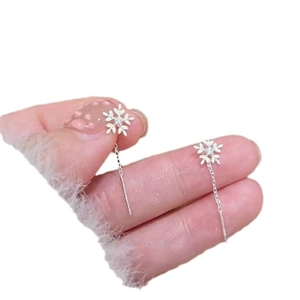 Silver snowflake tassel threader earrings with sparkling cubic zirconia minimalist design
