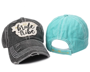 Detailed front and back of distressed cotton baseball caps with bride tribe embroidery
