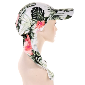 Detailed view of floral headscarf with sun visor and green leaf print patterns