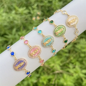 Religious Virgin Mary Medal Bracelet Copper 18K Gold Plated Adjustable Bolo Clasp Cubic Zirconia Jewelry For Women