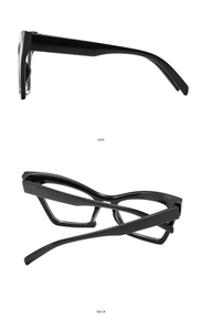 Detailed side and back view of cat eye glasses frames with glossy black finish