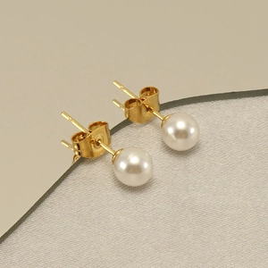 French style stainless steel pearl earrings with elegant golden metal studs for women