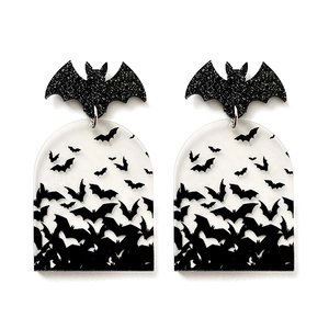 Halloween bat acrylic earrings with black glitter and flying bat silhouette patterns