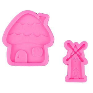 Pink silicone mushroom house and windmill molds for fondant cake and chocolate decor