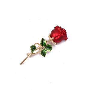 Elegant 3D red rose brooch with green leaves and rhinestones in vintage French style