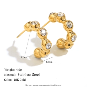 18K gold plated stainless steel C-shaped stud earrings with sparkling cubic zirconia stones