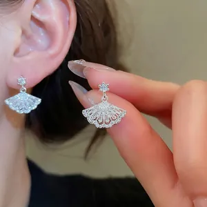 Fan Shaped Earrings Copper With Zirconia And Silver Earring Post Luxury Ginkgo Leaf Elegant Jewelry For Women