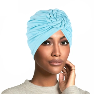 Light blue braided turban hat for women with elegant spiral flower design in solid color
