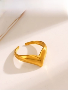 Polished gold V-shaped adjustable ring featuring a minimalist chevron design on a plain background