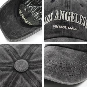 Washed vintage baseball cap with Los Angeles embroidery shown in a 4-grid detail layout