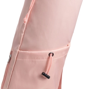 Detail of pink yoga mat bag featuring a secure zipper pocket and drawstring closure
