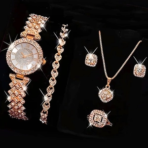 Reloj de Cuarzo con Diamantes de Imitación de Lujo para Mujer y Conjunto de Joyería Pulsera Corazón Collar Pendientes Anillo de Aleación Reloj de Moda para Mujer