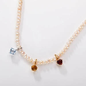 S925 silver necklace with pink pearls and colorful gemstone pendants in blue, yellow, red