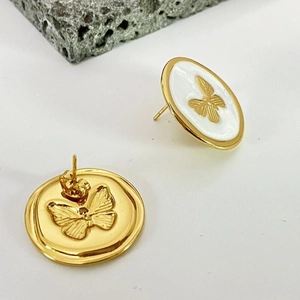 Vintage French white enamel butterfly stud earrings in gold plated round coin style