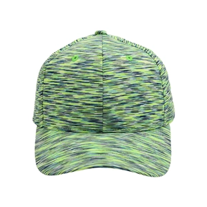 Detail view of heathered three-color blend fabric and stitching on a six-panel baseball cap