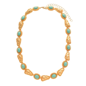Vintage gold necklace with turquoise stones and geometric textured fan elements
