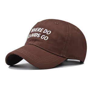Macro detail of the white embroidery text on a dark brown cotton baseball cap