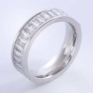 Modern stainless steel eternity ring with rectangular zircon stones in a silver finish