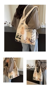 Collage of model wearing off-white canvas tote bag with colorful cartoon animal prints