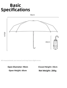 Detailed size chart for sun umbrella with 98cm open diameter and 30cm folded height
