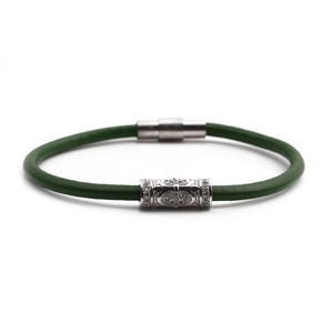Green leather magnetic bracelet with silver metal tubes and white zircon inlays