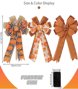 Size display of three Thanksgiving pumpkin decorative bows in burlap and plaid styles