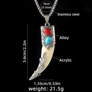Ethnic wolf tooth pendant necklace in stainless steel with colorful alloy accents