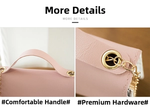 Detail view of pink leather strap and premium gold metal chain links on a crossbody bag
