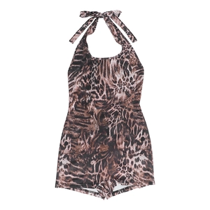 Detail of leopard print halter neck jumpsuit showing texture and open back design