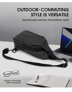 Detail of waterproof crossbody chest bag with USB charging port and multiple zippers