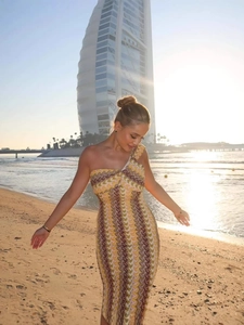 Slim fit lace one shoulder maxi dress with sunset beach wave geometric print