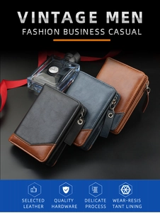 Close-up of three vintage leather wallets in brown and blue with professional business props
