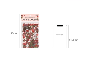 Detailed view of 18cm vintage rose PET stickers with iPhone 12 size comparison layout