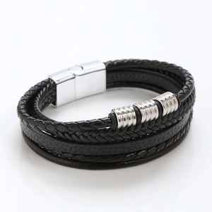 Handwoven black leather multilayer bracelet for men with silver stainless steel magnetic clasp