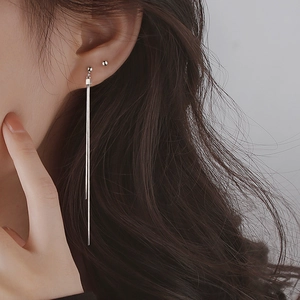 Elegant long silver tassel linear drop earrings for women with minimalist sleek design