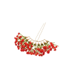 Elegant gold U-shaped hair pin with a cluster of small red flowers and vintage aesthetic