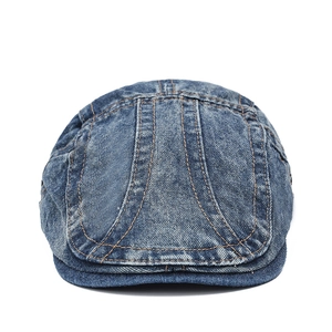 Vintage blue washed denim flat cap with contrast stitching for men and women
