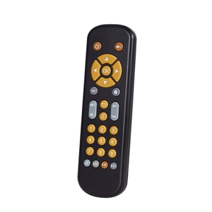 Detail view of baby toy remote with colorful buttons and multilingual language switch